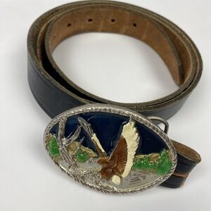 JayPee Mens Black Leather Belt 42 Eagle Mountain Oval Western Buckle Bridle Hide